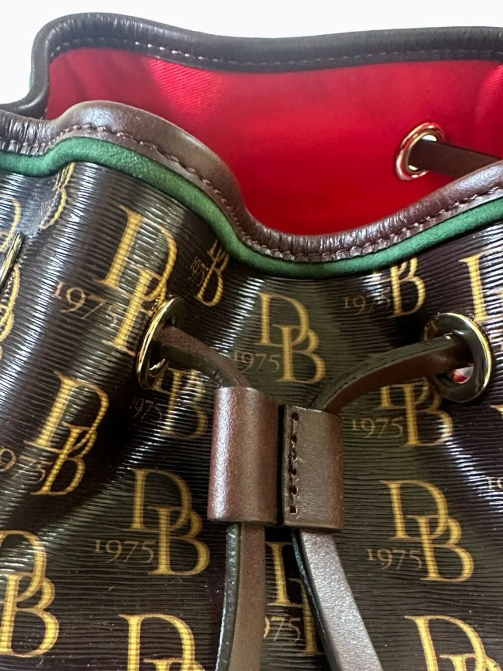 Dooney & Bourke Kendall Drawstring Bucket Bag Signature Monogram Brown Old Money
